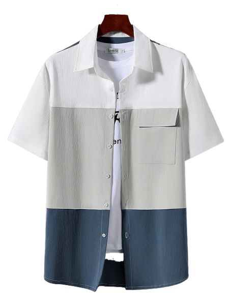 men 1pc color block flap pocket shirt 71pi#, White;black
men 1pc color block flap pocket shirt 71pi#, White;black