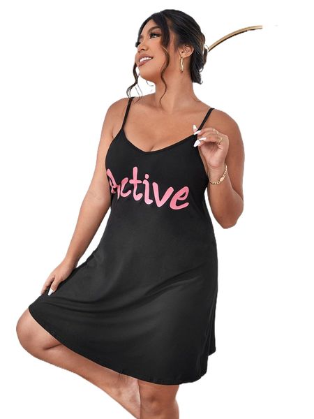 plus letter graphic cami nightdress b4sj#, Black;white