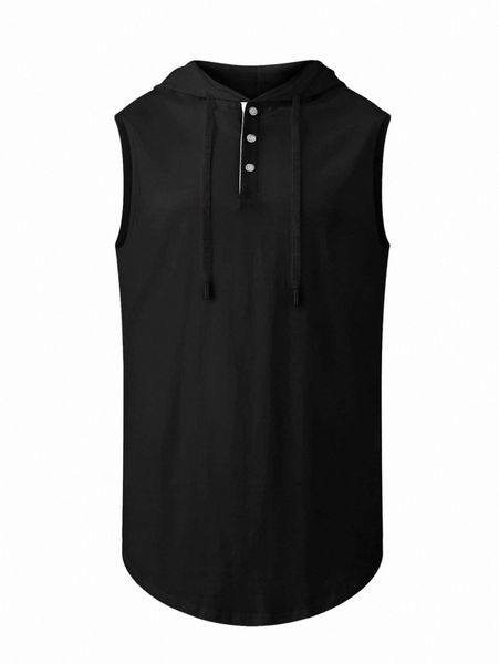 men curved hem drawstring hooded tank h7vh#, White;black
