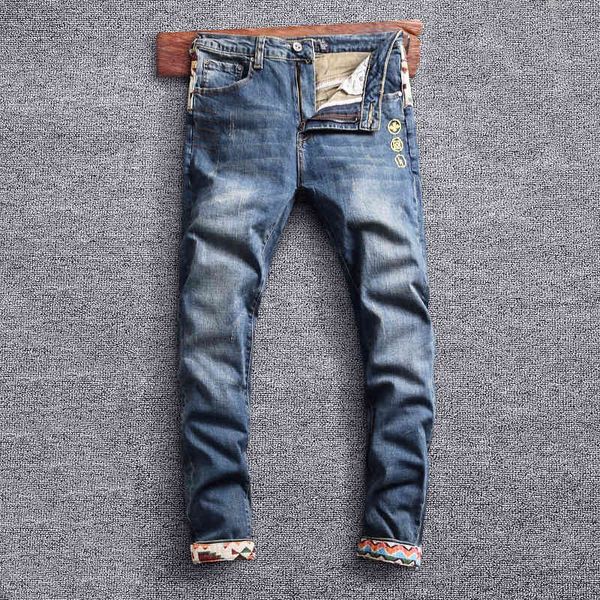 men's jeans fashionable high street trend men's jeans are worn washed embroidered small feet micro elastic straight tube youth 5u9, Blue
men's jeans fashionable high street trend men's jeans are worn washed embroidered small feet micro elastic straight tube youth 5u9, Blue