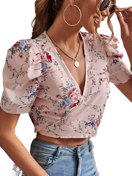floral print puff sleeve tie back crop wrap blouse w7hh#, White 
floral print puff sleeve tie back crop wrap blouse w7hh#, White