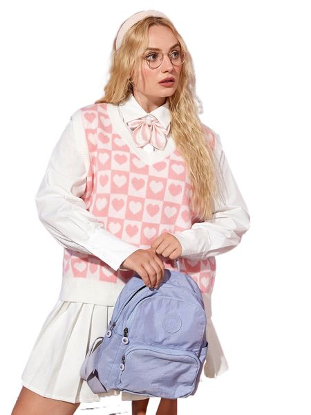 plus 1pc checkered & heart pattern sweater vest 99nu#, Black 
plus 1pc checkered & heart pattern sweater vest 99nu#, Black