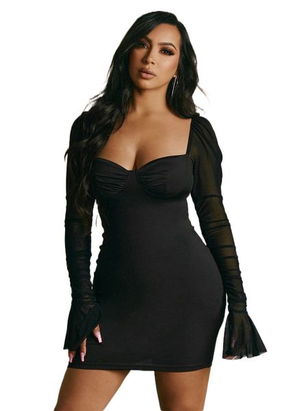 x evettexo ruched bust contrast mesh flounce sleeve bodycon dress 38bu#, Black;gray
x evettexo ruched bust contrast mesh flounce sleeve bodycon dress 38bu#, Black;gray