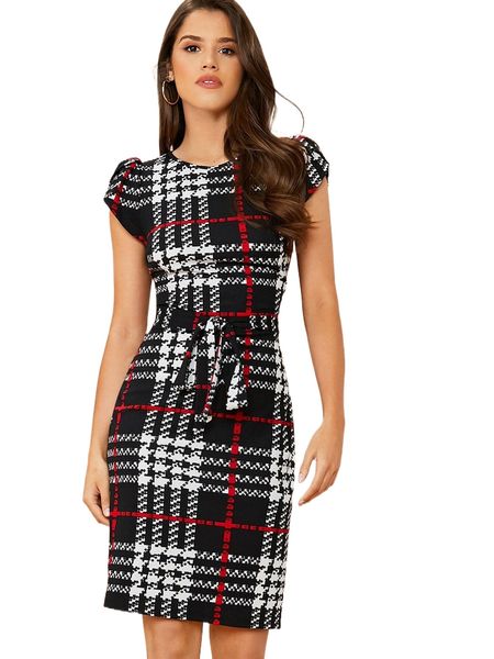 plaid belted self-tie mini dress x3zd#, Black;gray 
plaid belted self-tie mini dress x3zd#, Black;gray