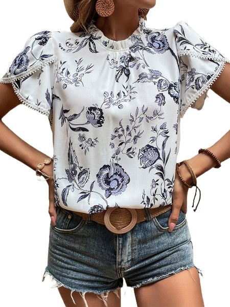 floral print contrast guipure lace petal sleeve frill trim blouse d27r#, White
floral print contrast guipure lace petal sleeve frill trim blouse d27r#, White
