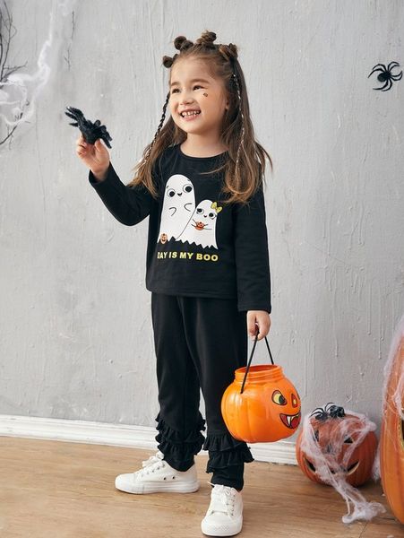 toddler girls halloween slogan and ghost print tee & layered ruffle trim pants she, White
toddler girls halloween slogan and ghost print tee & layered ruffle trim pants she, White