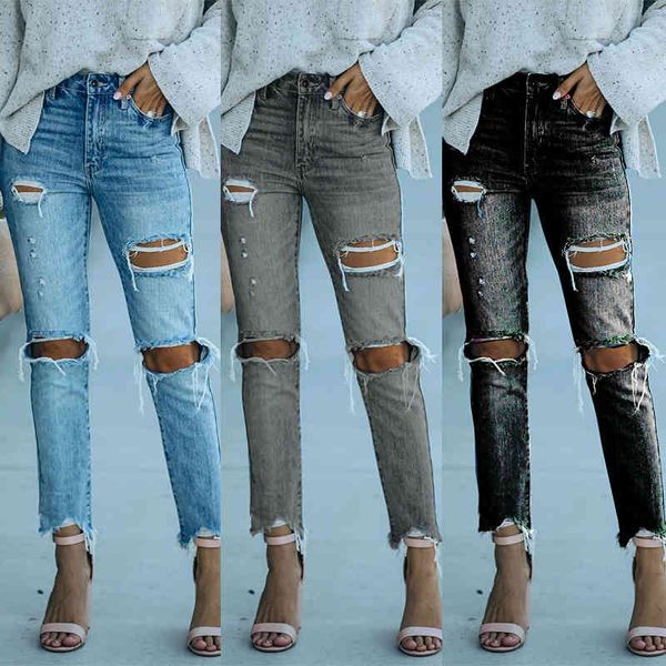 2022 spring and summer new street trendsetter ordinary hole washed multicolor denim pipe pants, Blue 
2022 spring and summer new street trendsetter ordinary hole washed multicolor denim pipe pants, Blue