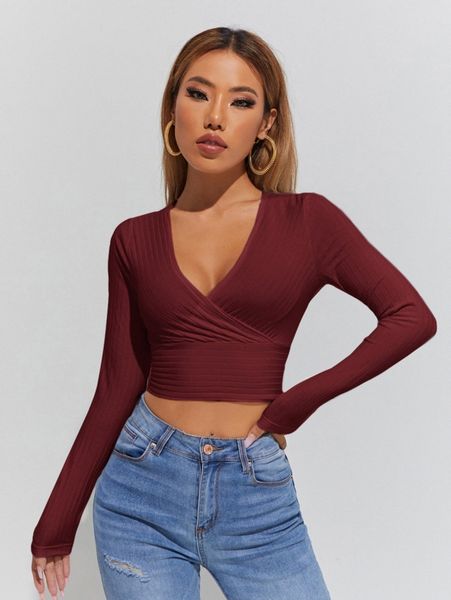 petite surplice neck crop tee y74n#, White 
petite surplice neck crop tee y74n#, White