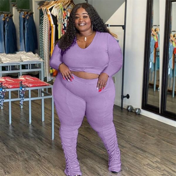 

plus size clothing women purple outfit ribbed loungewear long sleeve crop two piece pants set wholesale drop 220813, Black