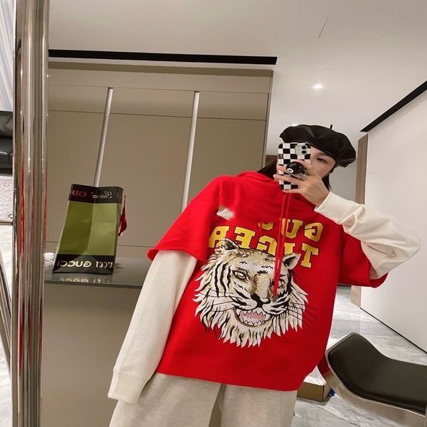 women's t-shirt year of the tiger limited series embroidery stripe stitching sweater early spring loose round neck women, White
women's t-shirt year of the tiger limited series embroidery stripe stitching sweater early spring loose round neck women, White