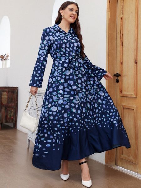 plus floral print belted shirt dress h80o#, Black