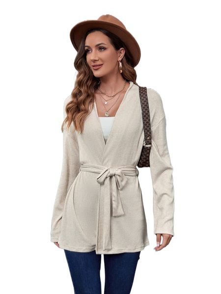 drop shoulder open front belted coat i3uh#, Black