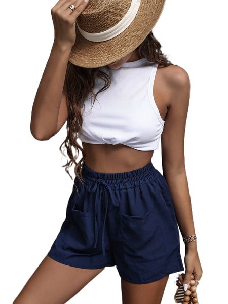 solid dual pocket fake drawstring shorts h2hc#, White;black