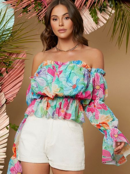 random daisy print off shoulder frill trim gathered sleeve chiffon blouse c1fq#, White
random daisy print off shoulder frill trim gathered sleeve chiffon blouse c1fq#, White