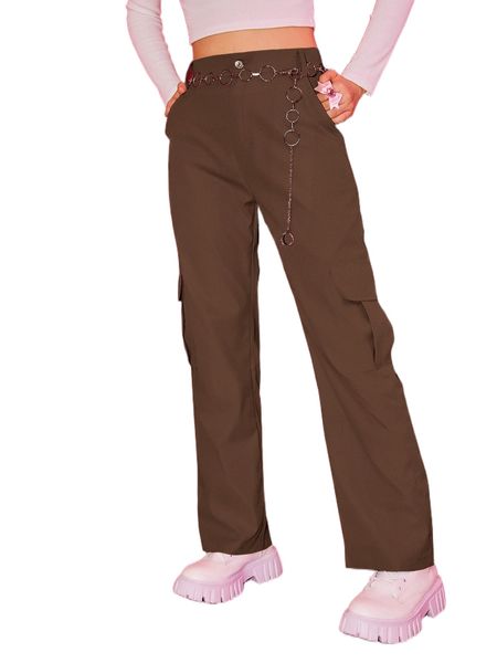 romwe solid flap pocket cargo pants f50h#, Black;white