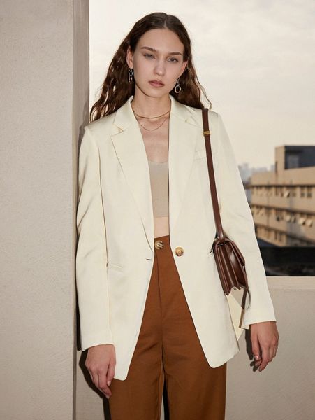 lapel collar single button blazer w25k#, White