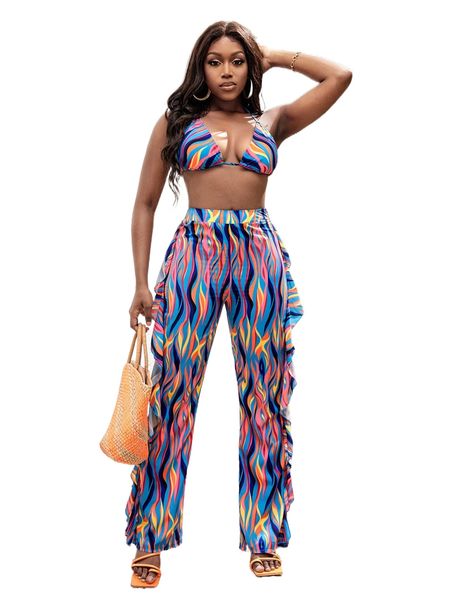 sxy allover print tie backless crop halter & ruffle trim pants o6na#, White
sxy allover print tie backless crop halter & ruffle trim pants o6na#, White