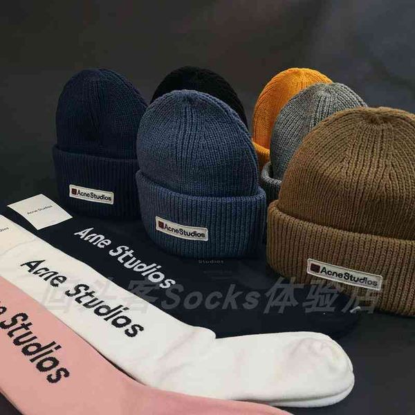 knitted hats genuine acne hat warm and thick winter curled pure wool versatile the same men women, Blue;gray