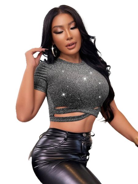 crisscross cut out glitter crop tee b1wd#, White