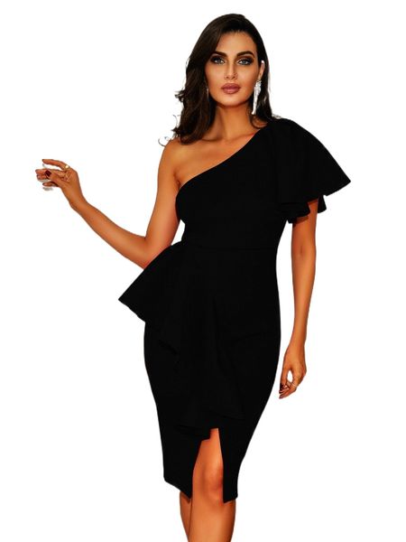 love&lemonade one shoulder flutter sleeve ruffle slit hem bodycon dress w6et#, Black;gray
love&lemonade one shoulder flutter sleeve ruffle slit hem bodycon dress w6et#, Black;gray