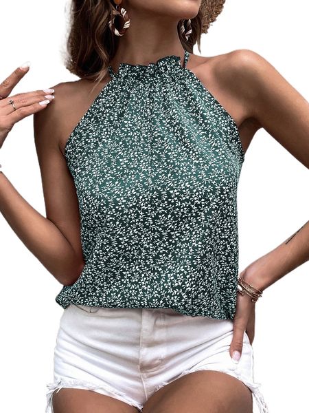 plant print keyhole back blouse f0ml#, White