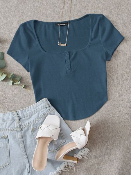 ribbed buttoned curved crop z5v9#, White