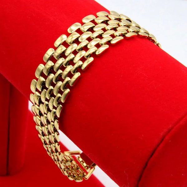 1.5cm flat smooth women men bracelet wrist chain link 18k yellow gold filled simple style jewelry gift, Black