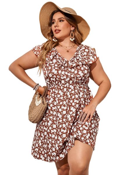 plus allover floral print ruffle trim dress n6oz#, Black 
plus allover floral print ruffle trim dress n6oz#, Black