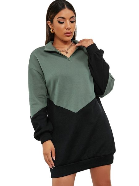 two tone half zip drop shoulder sweatshirt dress z5te#, Black
two tone half zip drop shoulder sweatshirt dress z5te#, Black