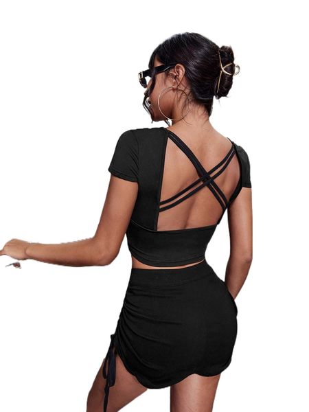 criss cross backless crop tee u3hl#, White