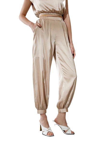 slant pocket satin carrot pants j7j2#, Black;white