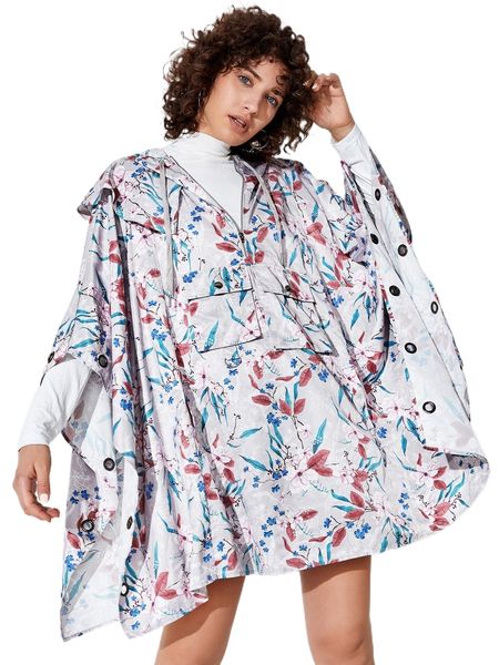 x southern floral print flap pocket grommet cloak sleeve drawstring hooded coat m57f#, Black
x southern floral print flap pocket grommet cloak sleeve drawstring hooded coat m57f#, Black