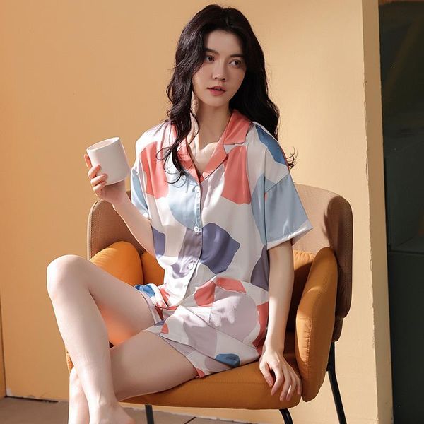 summer satin silk women sleepwear short sleeve turn-down collar female pajamas set casual soft girls homewear, Black;red
summer satin silk women sleepwear short sleeve turn-down collar female pajamas set casual soft girls homewear, Black;red