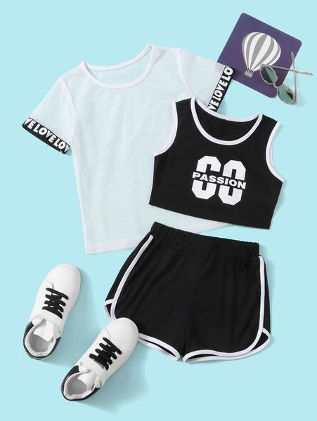 girls letter graphic contrast binding tank & letter tape fishnet & track shorts she, White
girls letter graphic contrast binding tank & letter tape fishnet & track shorts she, White