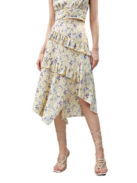 floral print ruffle trim asymmetrical hem skirt q2o3#, Black