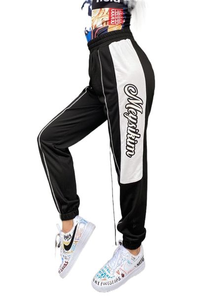 meysi kim elastic waist contrast stitch letter graphic colorblock joggers p1al#, Black;white 
meysi kim elastic waist contrast stitch letter graphic colorblock joggers p1al#, Black;white
