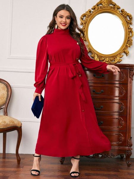 plus mock neck buttoned front self belted dress z96z#, Black
plus mock neck buttoned front self belted dress z96z#, Black