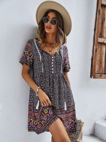 tie neck floral print smock dress 59vz#, Black;gray