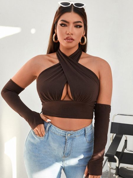 plus wrap cross backless crop halter & thumb hole arm sleeve 47xs#, Black
plus wrap cross backless crop halter & thumb hole arm sleeve 47xs#, Black