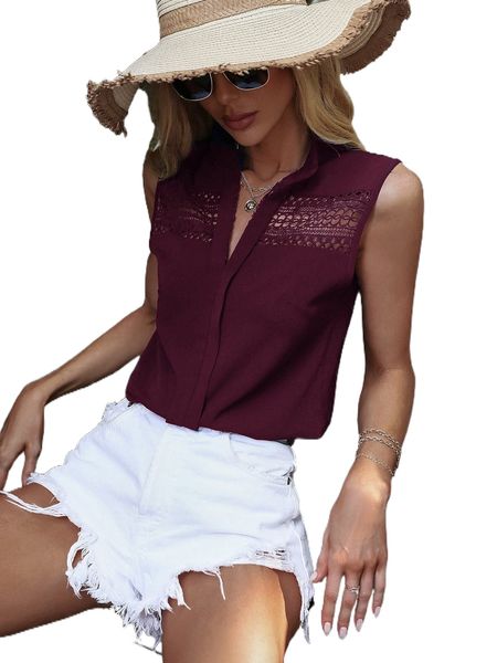 lace panel v neck sleeveless blouse o4sc#, White 
lace panel v neck sleeveless blouse o4sc#, White