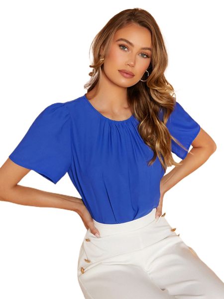 puff sleeve solid blouse l4i6#, White 
puff sleeve solid blouse l4i6#, White