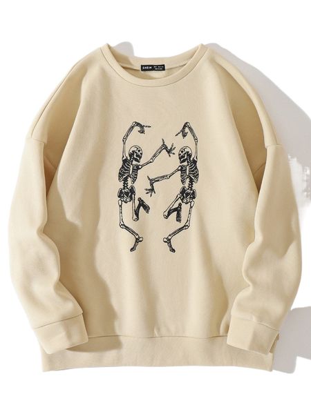 skeleton print drop shoulder thermal pullover w12j#, Black 
skeleton print drop shoulder thermal pullover w12j#, Black