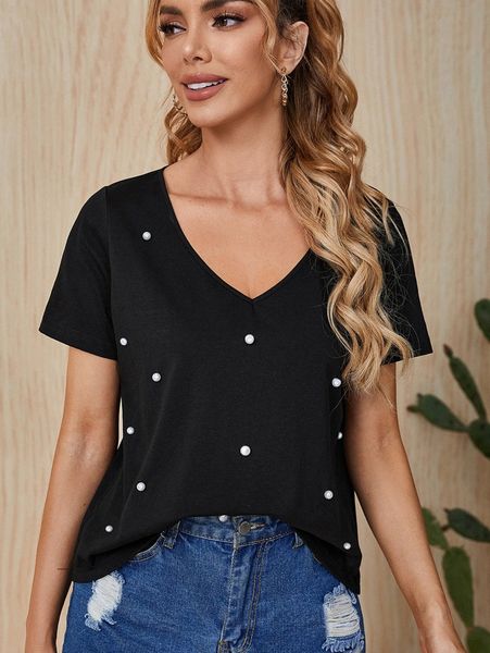 v neck pearl beaded tee 169w#, White 
v neck pearl beaded tee 169w#, White
