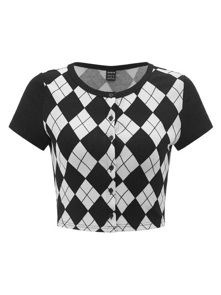 argyle print button front crop tee q1ej#, White