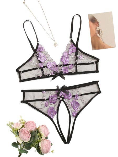 embroidery sheer mesh crotchless lingerie set h9xt#, Black;red