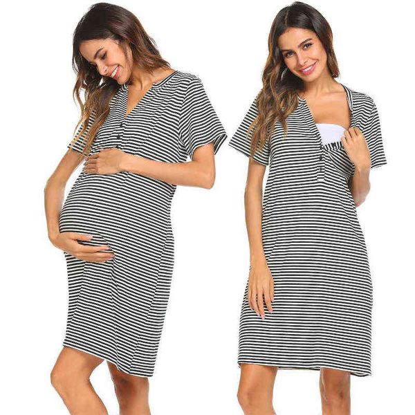 womens maternity dress for breastfeeding summer o neck short sleeve striped print nightdress nursing sleepwear dresses g220309, White 
womens maternity dress for breastfeeding summer o neck short sleeve striped print nightdress nursing sleepwear dresses g220309, White