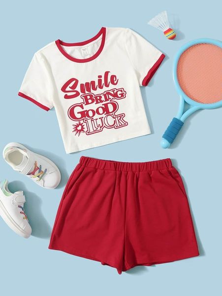 teen girls slogan graphic ringer tee and track shorts set she, White 
teen girls slogan graphic ringer tee and track shorts set she, White