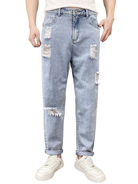 men ripped slant pocket jeans k9ph#, Blue 
men ripped slant pocket jeans k9ph#, Blue