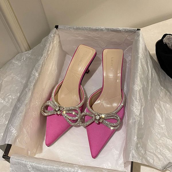 pink rhinestone satin women pumps slippers sandals crystal butterfly-knot pointed toe high heels lady mules slides summer party dress shoes, Black 
pink rhinestone satin women pumps slippers sandals crystal butterfly-knot pointed toe high heels lady mules slides summer party dress shoes, Black