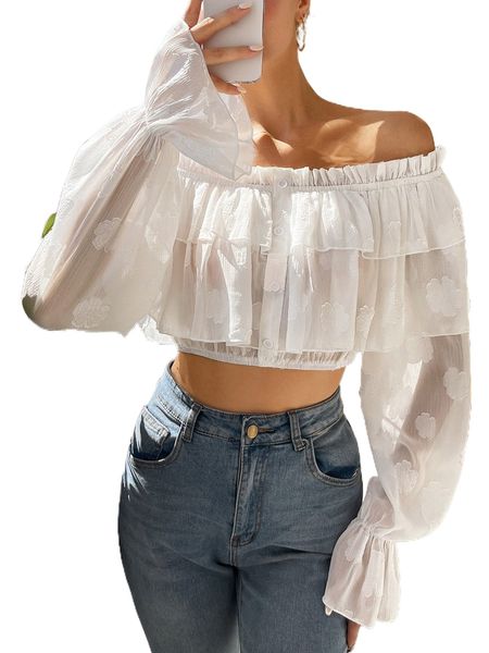 off shoulder flounce sleeve crop blouse f2l9#, White 
off shoulder flounce sleeve crop blouse f2l9#, White